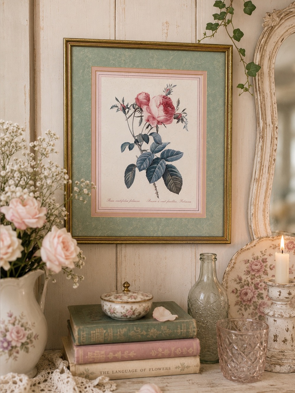 Vintage Botanical Rose Print Wall Art Framed Floral Cottagecore Shabby Chic Deco
